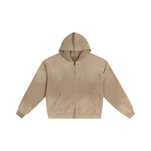 WASHED&DISTRESSED ZIP HOODIE APRICOT