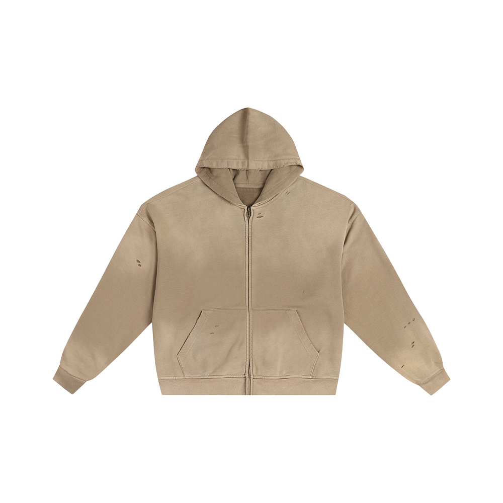 WASHED&DISTRESSED ZIP HOODIE APRICOT
