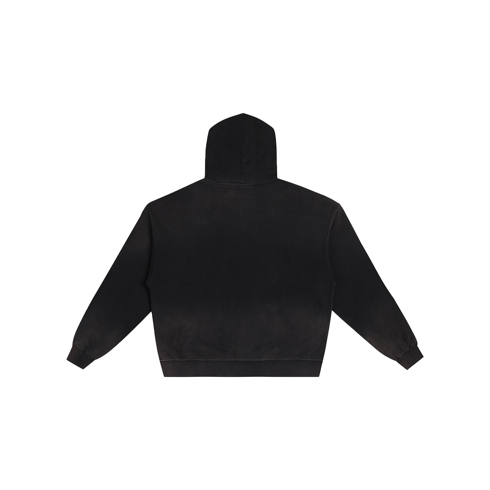 WASHED&DISTRESSED ZIP HOODIE BLACK