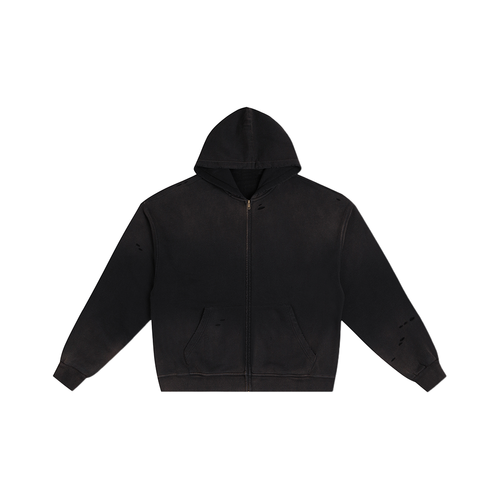 WASHED&DISTRESSED ZIP HOODIE BLACK