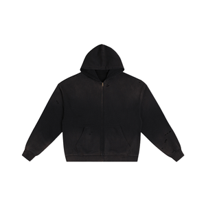 WASHED&DISTRESSED ZIP HOODIE BLACK